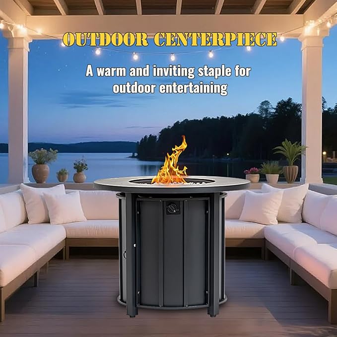 30'' Concrete Round Gas Fire Pit, 50,000 BTU Steel Outdoor Fire Tables, Fire Table with Lid, Add Warmth & Ambience to Gatherings and Parties On Patio Deck Garden Backyard，White Glass Stone.