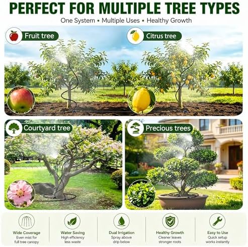 High-Flow Tree Irrigation System, 15FT 12mm Hose & 2Pcs 6.5FT Adjustable Nozzles, for Tree Roots & Canopies Irrigation, Leaf & Fruit Cleaning, Ideal for Fruit Trees & Ornamental Trees