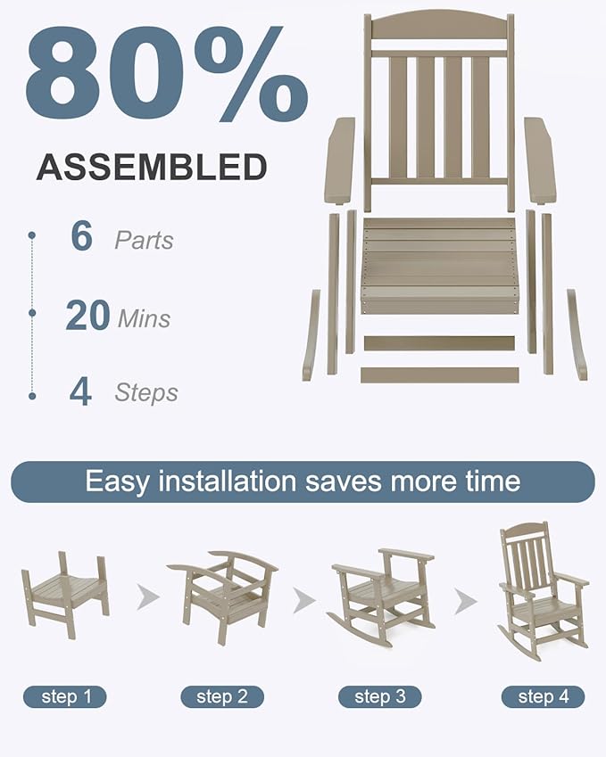 Outdoor Rocking Chairs, Oversized High Back Patio Rocking Chairs, All Weather Porch Rocking Chairs for Outside. Brown