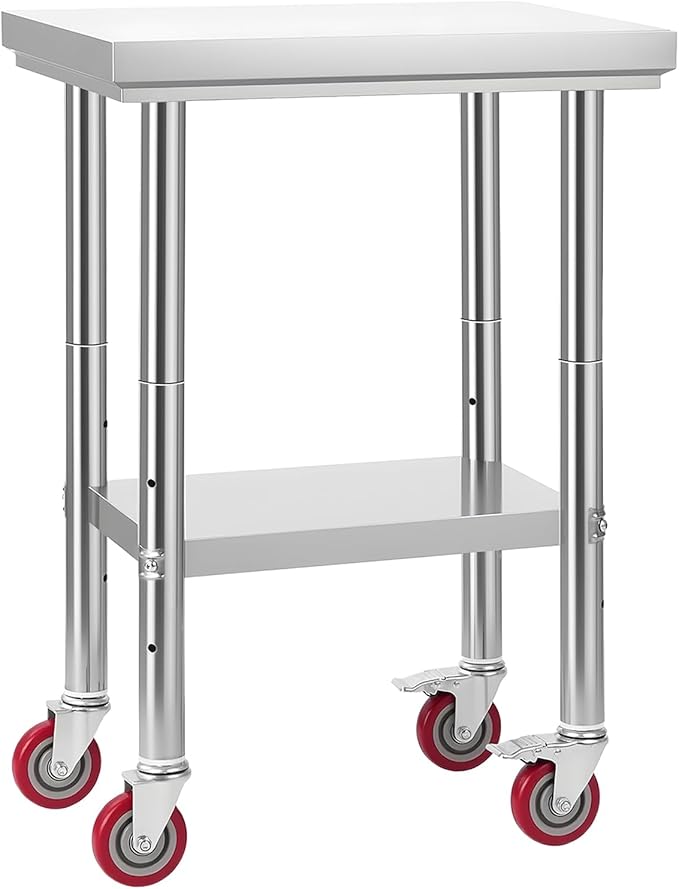 VEVOR Stainless Steel Table, 24 x 18 Inches Food Prep Worktable with Wheels, Kitchen Prep Table with Adjustable Undershelf Workstations for Commercial Kitchen, Restaurant, Hotel and Garage, Outdoor
