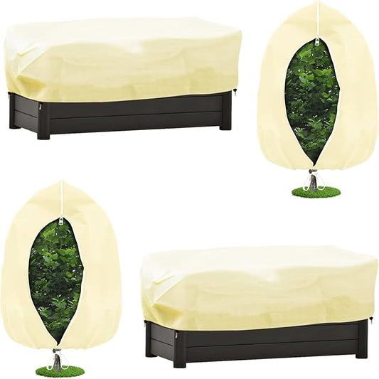 Plant Covers Freeze Protection, Skycow 4 Pack Frost Blankets for Outdoor Plants – 2 Rectangular (22"x60"x20") & 2 Round (32"x48") Winter Plant Covers, 2.4oz/yd² Frost Cloth Plant Protection (Beige)