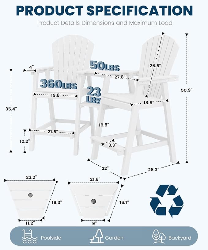 FOOWIN Tall Adirondack Chair Set of 4, All Weather HDPE Bar Height Adirondack Chair with Double Connecting Trays, Adirondack Barstools for Balcony, Deck, Backyard, Patio, Garden White