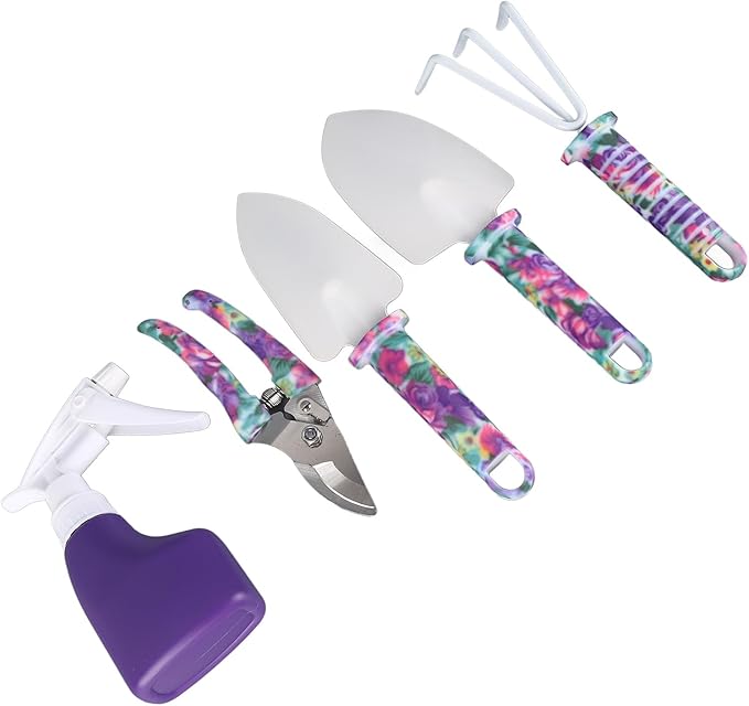 5 Piece Garden Tool Set, Includes Cultivator Rake and Shovels, Branch Scissors with Spray Can, for Indoor and Outdoor Planting, Purple Storage Container.