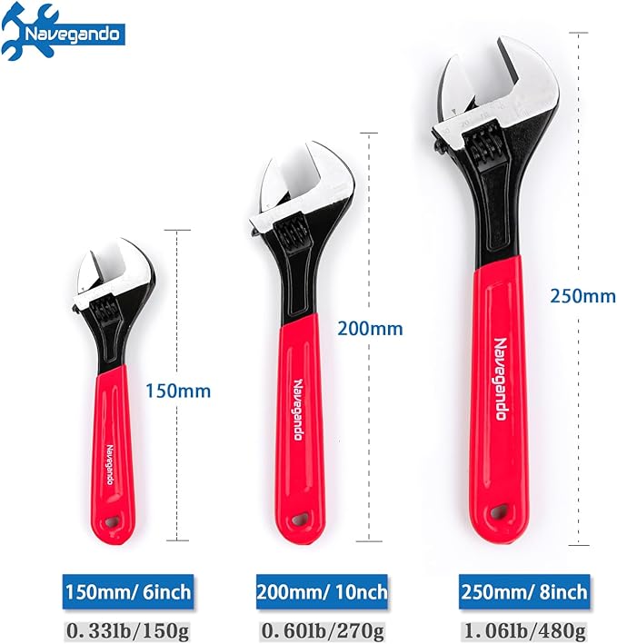 Navegando Adjustable Wrench Set, 3-Piece Adjustable Wrenches 6-inch, 8-inch, 10-inch, Extra-Wide Jaw and Soft Grip Wrench Set, for Automotive, Plumbing, Household Repairs