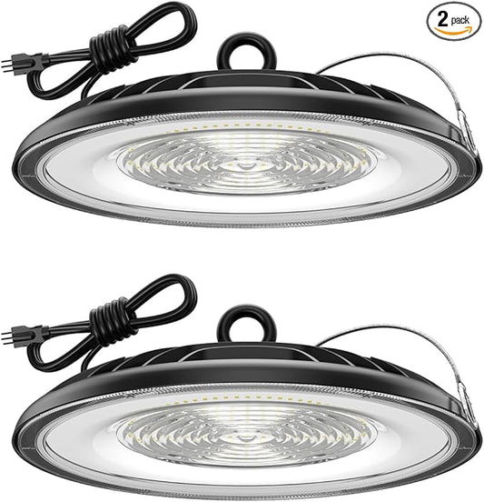Glitgate High Bay LED Shop Lights 200W - 28000LM 5000K High Bay Light, IP65 Waterproof with US Plug, Hanging Hook, 2 Pack Commercial Bay Lights for Barn, Warehouse ETL Listed