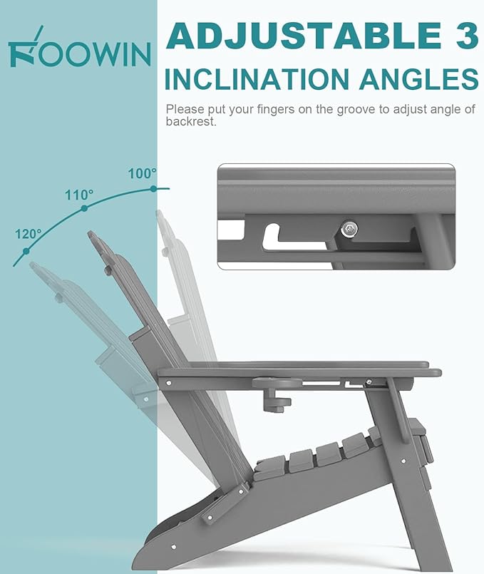 FOOWIN Adjustable Adirondack Chair, Folding Adirondack Chair with Cup Holder, HDPE All-Weather Fire Pit Chair with 3 Recline Positions, Suitable for Patio, Garden, Backyard, Poolside, Grey