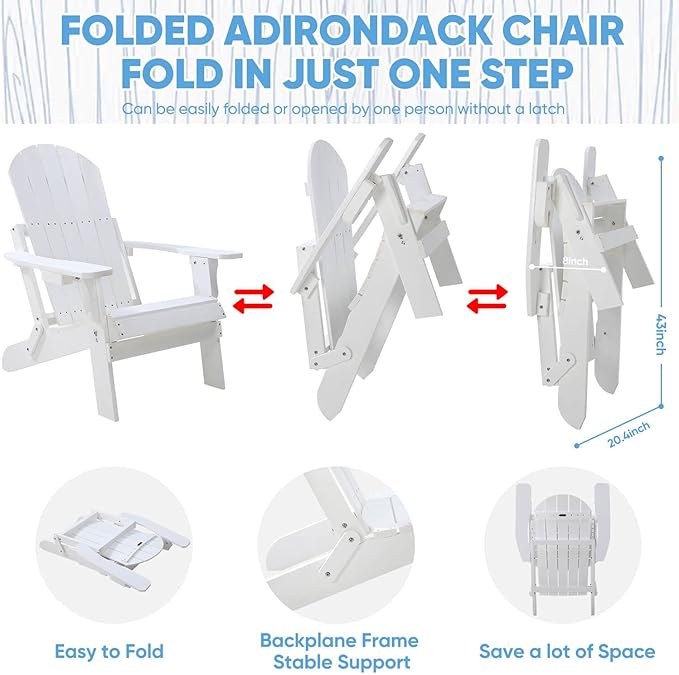 Folding Adirondack Chairs Set of 2, All Weather Resistant Plastic Chair with Cup Holder, Fold or Unfold Easily in 1 Second, Outdoor Chairs for Patio, Garden, Backyard Deck, Lawn, Fire Pit(White)