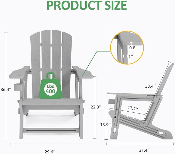 Adirondack Chair Set of 4, All Weather Plastic Adirondack Chairs, Fire Pit Chairs with Cup Holder, Outdoor Lawn Chair for Patio, Garden, Backyard, Grey
