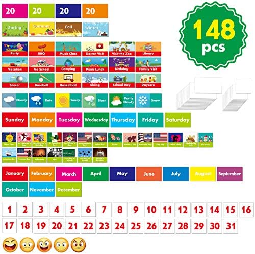 SpriteGru Calendar and Weather Pocket Chart with 148 Cards,(108 Illustrated Activity Cards, 40 Dry Erasable Flash Cards and 3 Hooks 28"x35.5"),Alphabets, Blue