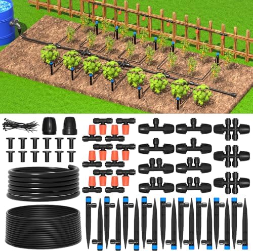 MIXC Greenhouse Micro Drip Irrigation Kit Automatic Irrigation System Patio Misting Plant Watering System with 1/4 inch 1/2 inch Irrigation Tubing Hose Adjustable Nozzle Emitters Barbed Fittings