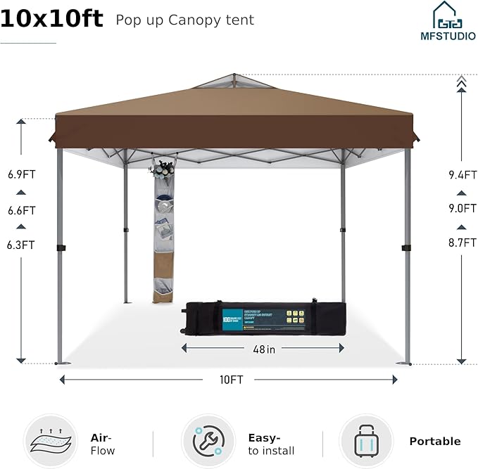 MFSTUDIO Pop Up Canopy Tent, 10x10 Outdoor Canopies Instant Portable Shelter Tens with Vented Top, Storage, 4 Sandbags, Beach Canopy
