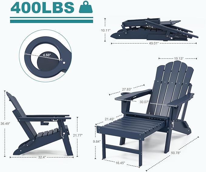 FOOWIN Adjustable Adirondack Chair with Retractable Ottoman Set of 2, Folding Adirondack Chair with Cup Holder, HDPE All-Weather Fire Pit Chair for Patio, Yard, Poolside, Navy Blue