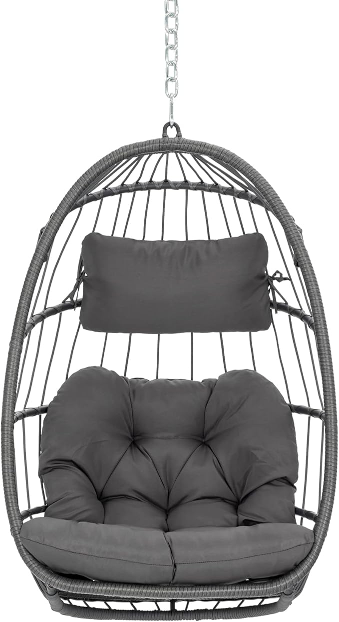 Yechen Hanging Egg Chair Outdoor Without Stand Indoor, Aluminum Foldable Swing Egg Chairs - Wicker Rattan Hammock Egg Porch Swing with UV Resistant Cushions for Bedroom Patio Balcony