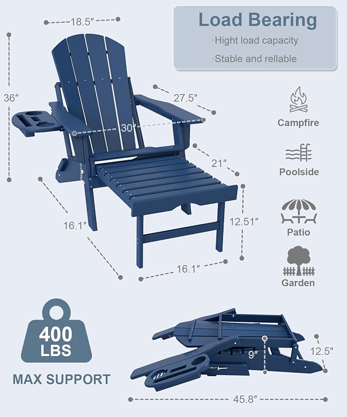 Adjustable Adirondack Chair with Retractable Ottoman Set of 6, HDPE Folding Adirondack Chair with Cup Holder, All Weather Fire Pit Chair for Outdoor.