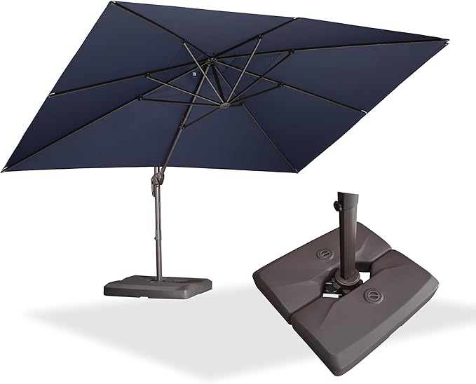 PURPLE LEAF 10' X 13' Patio Cantilever Umbrella with Base Rectangle Umbrella Outdoor with Aluminum Offset Hanging and 360° Rotation for Pool Garden Deck Patio, Navy Blue