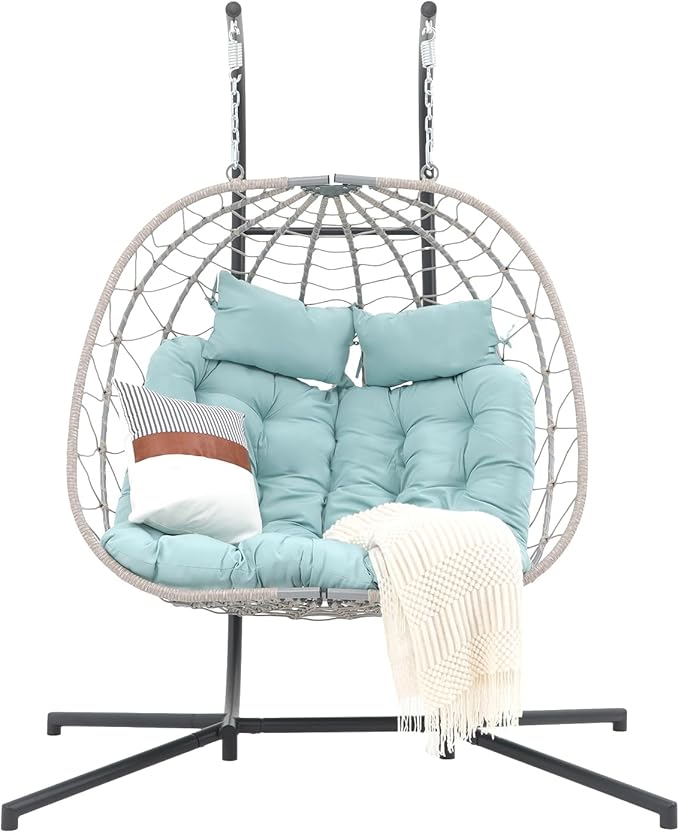 Patiorama 2 Person Double Egg Swing Chair with Stand Indoor Outdoor, Patio Wicker Rattan Hanging Egg Chair w/Cushion, Pillow, Foldable Hammock Chair 550lbs for Bedroom, Balcony, Garden (Light Blue)