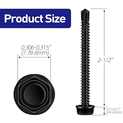 #10 x 2-1/2" Hex Washer Head Self Tapping Screws, TEK Screws, Self Drilling, Stainless Steel 410 Sheet Metal Screws, Black Finish, 50 PCS