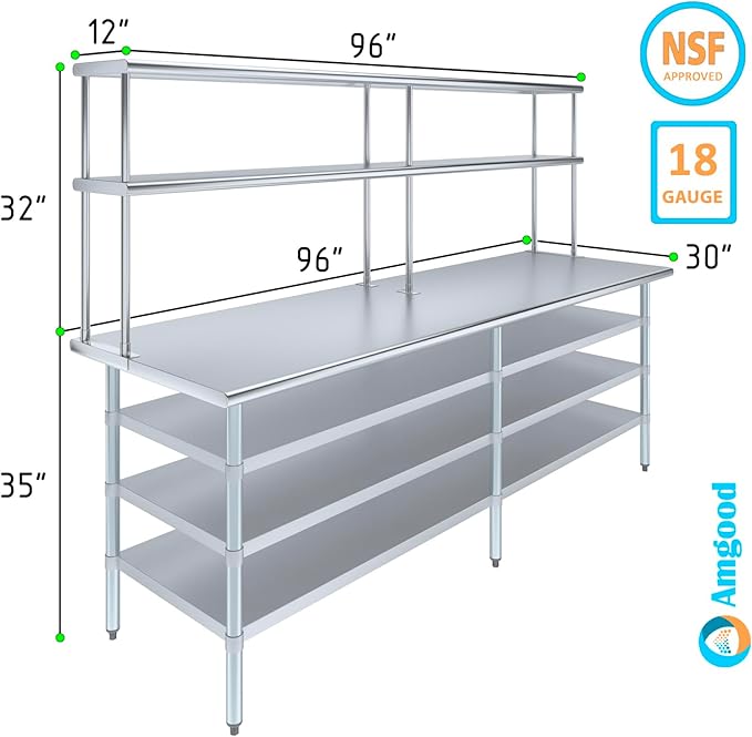 Amgood 30" x 96" Stainless Steel Work Table with 3 Shelves and 12" Wide Double Tier Overshelf | Metal Kitchen Prep Table & Shelving Combo | NSF