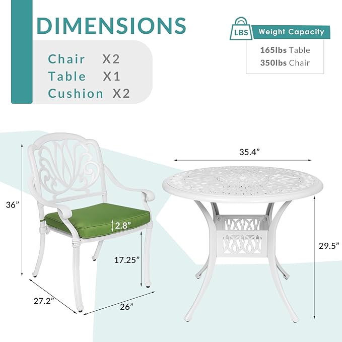 MEETWARM 3 Piece Patio Bistro Set, Outdoor All-Weather Cast Aluminum Dining Furniture Set Includes 2 Cushioned Chairs and a 35.4” Round Table with Umbrella Hole for Garden Deck, White