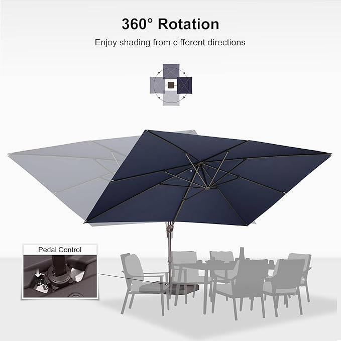 PURPLE LEAF 10' X 13' Patio Cantilever Umbrella with Base Rectangle Umbrella Outdoor with Aluminum Offset Hanging and 360° Rotation for Pool Garden Deck Patio, Navy Blue