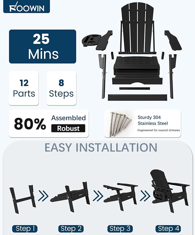 FOOWIN Folding Adjustable Adirondack Chair with Retractable Ottoman,HDPE Adirondack Chair w/4 in 1 Cup Holder Trays,All-Weather Resistant Fire Pit Chair for Outdoor Patio Lawn, Black