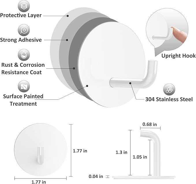 VIS'V Adhesive Hooks, Small Metal Shower Wall Stick on Hooks, Waterproof, 2 Extra Adhesive Strips, Round, White, 4 Pcs