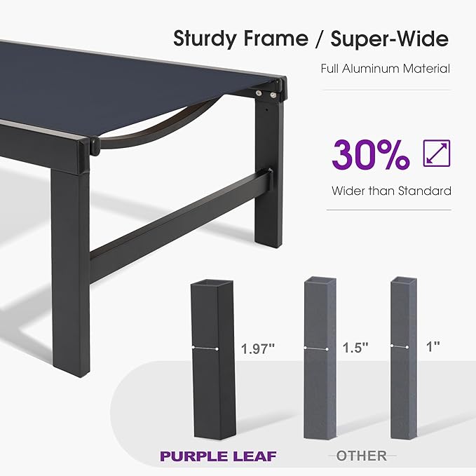 PURPLE LEAF Outdoor Tanning Lounge Chair Set with Face Hole Aluminum Adjustable Chairs Wheels Pillows and Table for Poolside Beach Patio Reclining Sunbathing Lounger Navy Blue