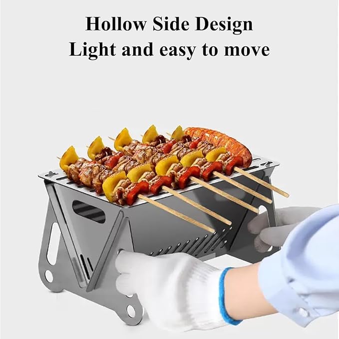 Portable Folding BBQ Grill for 1-2 People - Mini Charcoal Grill for Camping, Compact Stainless Steel Fire Pit with Carry Bag, Comes with 10 barbecue skewers and a silicone brush (8.2X5.5 IN)