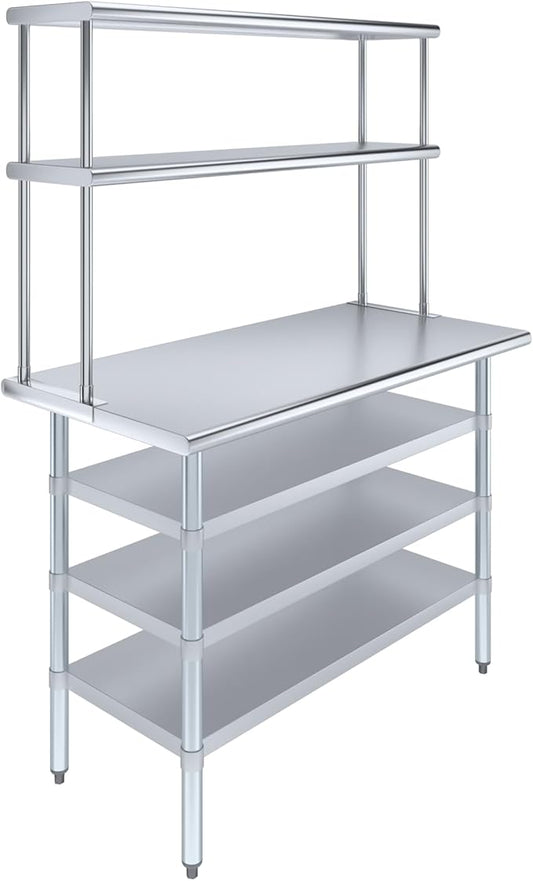 Amgood (24" x 48" Stainless Steel Work Table with 3 Shelves and 12" Wide Double Tier Overshelf | Metal Kitchen Prep Table & Shelving Combo | NSF