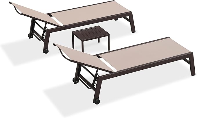 PURPLE LEAF Outdoor Chaise Lounge Chair Set of 3, Pool Lounge Chair for Outside, Aluminum Patio Chaise Lounger with Adjustable Backrest and Wheels for Deck, Outside, Lawn, Garden, Sand Beige