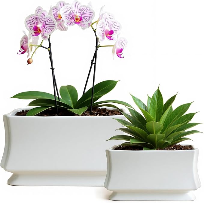 OXART Ceramic Plant pots Indoor Pots Set with Drainage Holes, 12+9 inch Flower Pot Rectangle Planters Pots for Plants for Plants Lilies, Cacti, Succulents, and Pothos, No Trays (White-4)