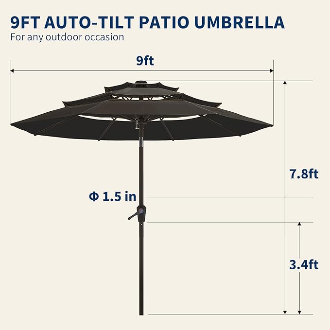 9FT 3 Tiers Patio Umbrella With Auto Tilt and Crank, Outdoor Table Market Umbrella with 8 Sturdy Ribs for Garden,Lawn,Deck,Backyard and Pool,Black