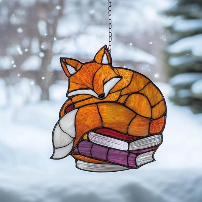 Sleeping Fox Book Christmas Ornament Bookish Acrylic Suncatcher Stained Glass Effect Window Hanging for Book Lover Reading Nook Decor Gift for Librarian Readers