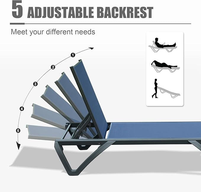 Domi Outdoor Lounge Chair Set of 2, Aluminum Patio Chaise Lounge with 5 Position Adjustable Backrest and Wheels, All Weather Reclining Chair for Patio, Navy Blue