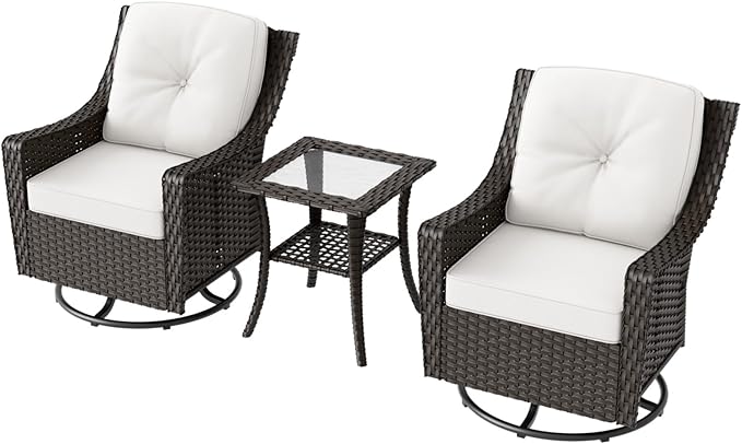 COOS BAY Stone Harbor Patio Bistro Set, 3 Piece Rattan Patio Table and Chairs Set, Wicker Swivel Rockers with Side Table, Small Balcony Furniture Set, Brown/Beige