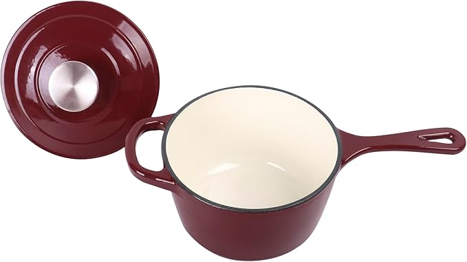 Commercial Grade, Cast Iron Enameled Cookware (Dark Red, Sauce Pan 1.75qt)