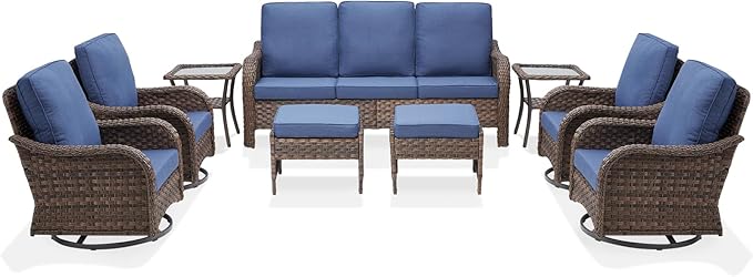 Patio Wicker Chairs Swivel Rocker Outdoor Rocking Chairs Set of 9 Rattan Furniture Set with Thick Cushion, Sofa, Side Table, Ottomans for Balcony Deck Backyard, Blue