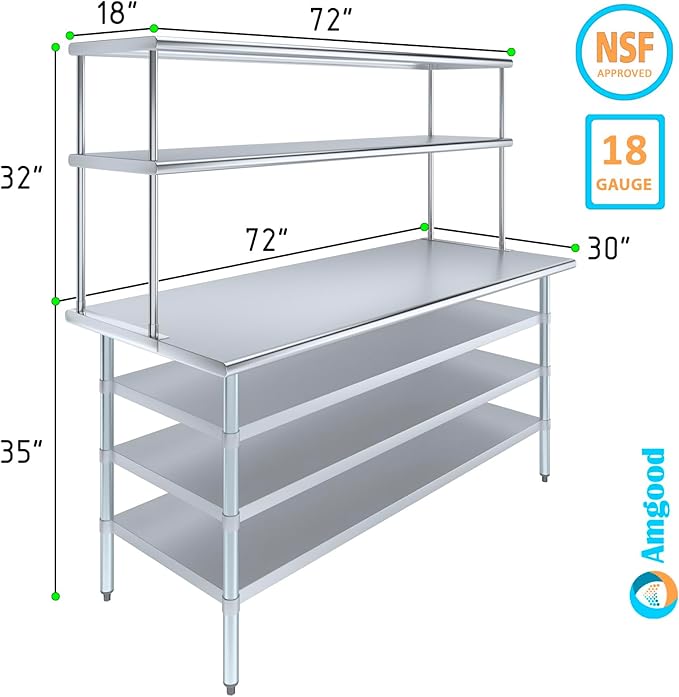 Amgood 30" x 72" Stainless Steel Work Table with 3 Shelves and 18" Wide Double Tier Overshelf | Metal Kitchen Prep Table & Shelving Combo | NSF
