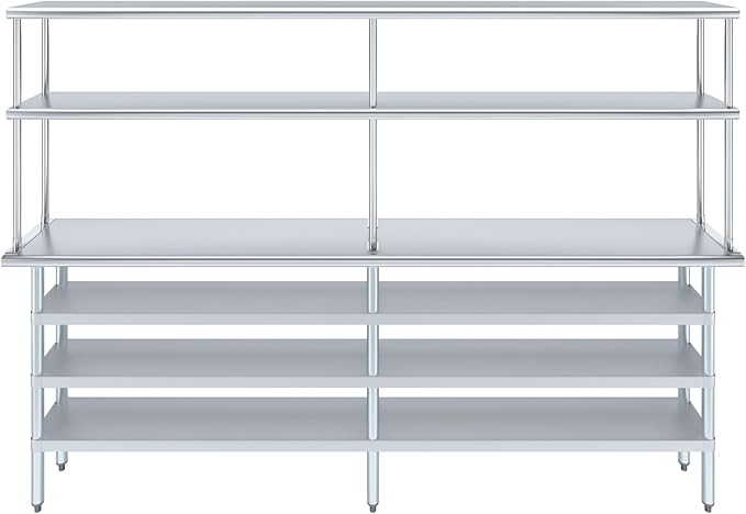 Amgood 14" x 96" Stainless Steel Work Table with 3 Shelves and 12" Wide Double Tier Overshelf | Metal Kitchen Prep Table & Shelving Combo | NSF