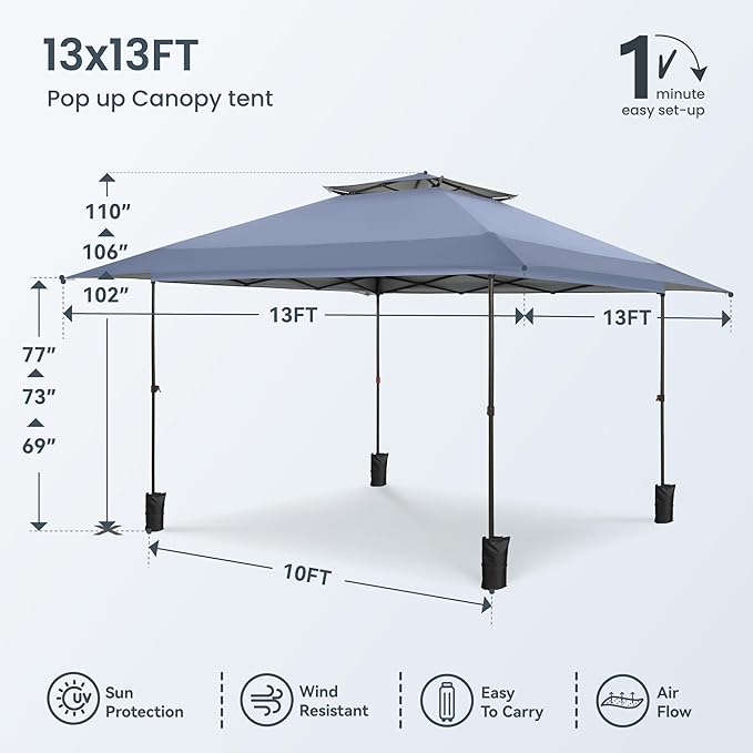 PHI VILLA 13x13 Pop Up Canopy Tent Instant Outdoor Canopy Easy One Push Tent Canopy with Wheeled Carry Bag, Straight Legs 169 Square Feet of Shade, Grey
