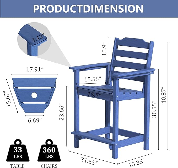 OTSUN Tall Adirondack Chairs Set of 4, HDPE Weather Resistant Balcony Chairs for Garden, Backyard, Poolside, Capacity 300 LBS(4 PCS，Navy Blue)
