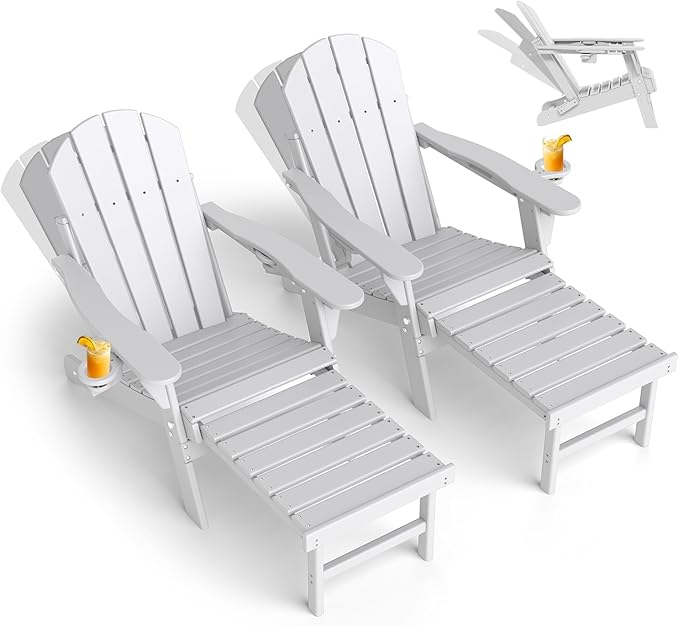 GREENVINES Adjustable Adirondack Chair with Retractable Ottoman Set of 2 | Folding | HDPE Plastic | Fire Pit Chairs w/Foot Rest | 2 Cup Holders | White | for Outdoor Patio Poolside Deck