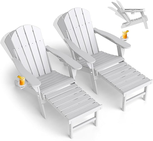 GREENVINES Adjustable Adirondack Chair with Retractable Ottoman Set of 2 | Folding | HDPE Plastic | Fire Pit Chairs w/Foot Rest | 2 Cup Holders | White | for Outdoor Patio Poolside Deck