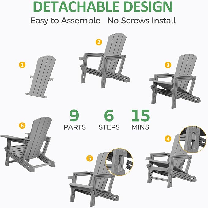 Adirondack Chair Set of 2, All Weather Plastic Adirondack Chairs, Fire Pit Chairs with Cup Holder, Outdoor Lawn Chair for Patio, Garden, Backyard, Grey