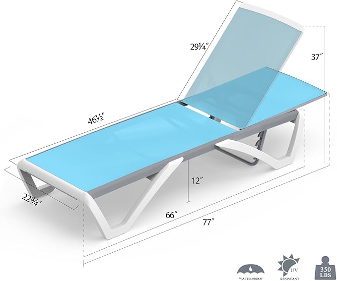 Domi Set of 4 Pool Lounge Chairs Aluminum Adjustable Outdoor Chaise Lounge,All Weather Plastic Poolside Lounge Chairs for Deck Lawn Backyard, Aqua Textilene