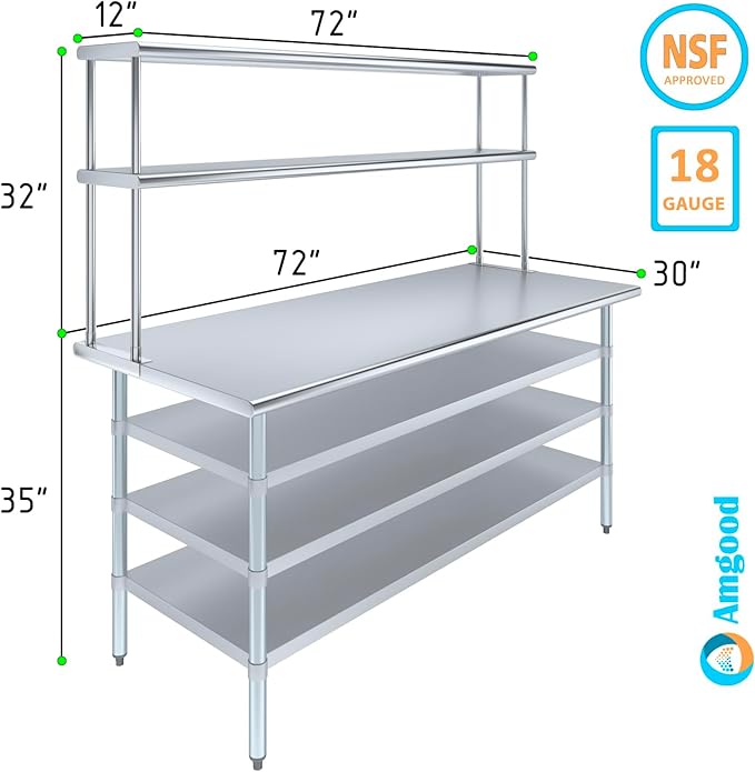 Amgood 30" x 72" Stainless Steel Work Table with 3 Shelves and 12" Wide Double Tier Overshelf | Metal Kitchen Prep Table & Shelving Combo | NSF