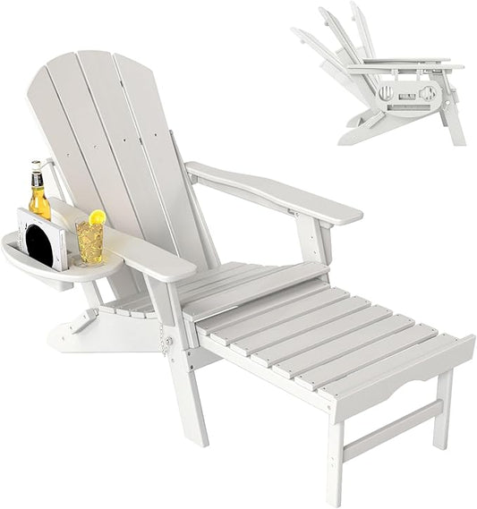 Adjustable Adirondack Chair with Retractable Ottoman, HDPE Folding Adirondack Chair with Cup Holder, All Weather Fire Pit Chair for Outdoor