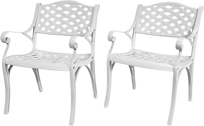 2 Piece Patio Chairs Cast Aluminum Outdoor Dining Chair with Armrests, Metal 2 Piece Patio Bistro Chair with Adjustable Feet, Wrought Iron Bistro Patio Dining Chair for Garden,Set of 2 White