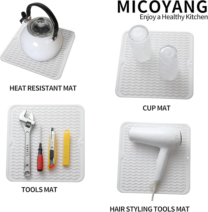 Silicone Dish Drying Mat for Multiple Usage,Easy clean,Eco-friendly,Heat-resistant Silicone Mat for Kitchen Counter or Sink,Refrigerator or Drawer liner White M 12 inches x 12 inches