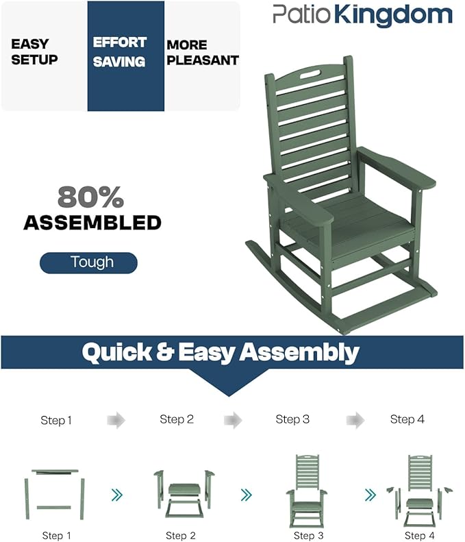Outdoor Rocking Chairs Set of 2 with Footrest & Side Table, HDPE Modern Rocking Lawn Chair for Garden, Poolside, Deck (Green)